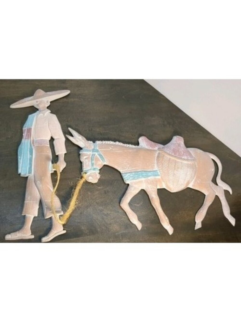 Vintage Bobo Mexican Metal Wall Hanging "A Boy and His Donkey" Clay Color Folk